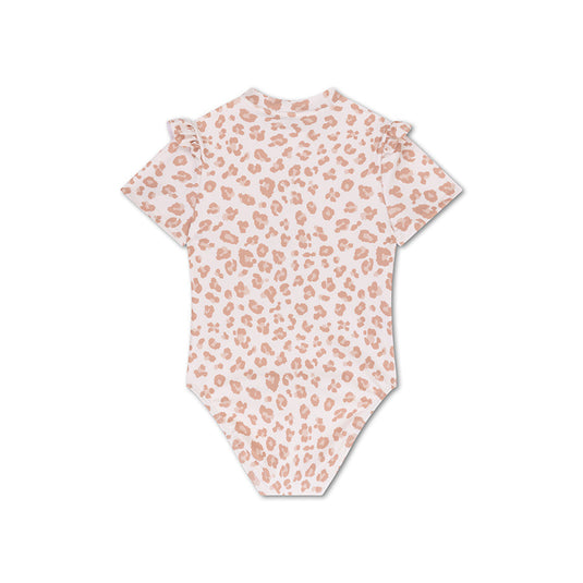 Leopard | beige meisjes uv badpak met korte mouwen