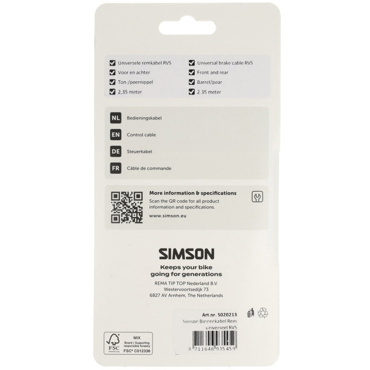 Load image into Gallery viewer, Simson rem binnenkabel universeel rvs
