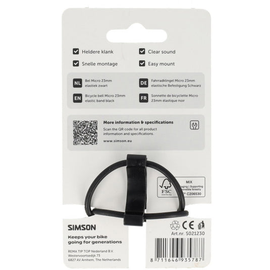 Simson fietsbel micro 23mm rubber elastiek bevestiging zwart