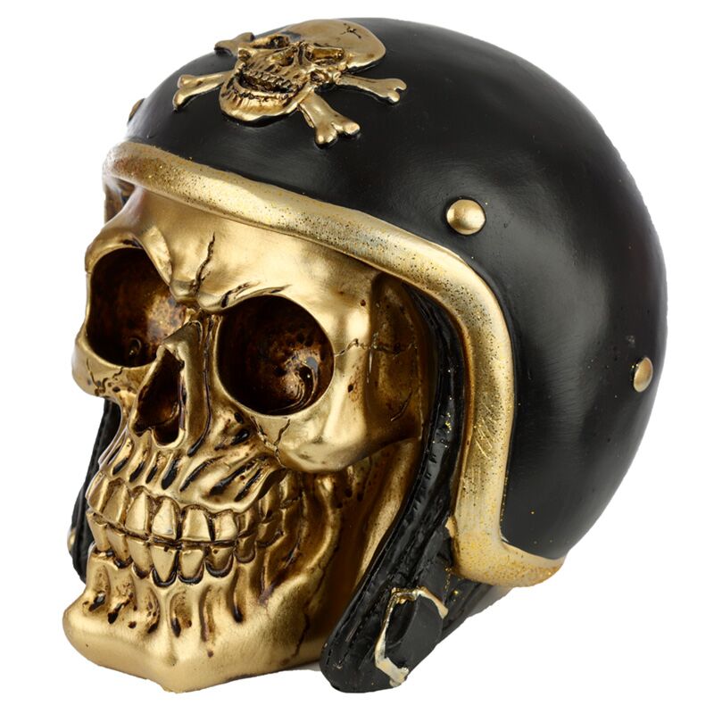 Load image into Gallery viewer, Goud schedel in motorhelm woonaccessoire
