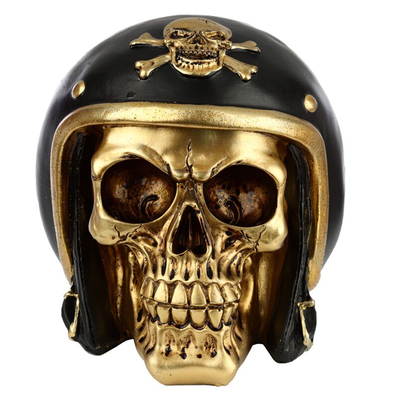 Load image into Gallery viewer, Goud schedel in motorhelm woonaccessoire
