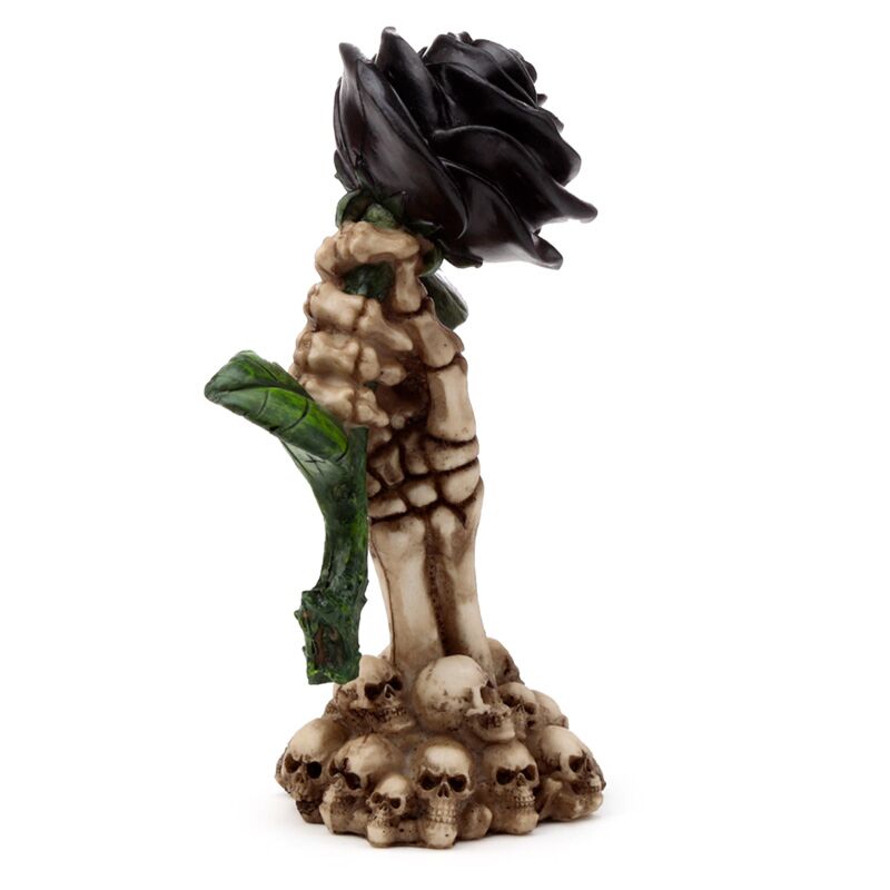 Load image into Gallery viewer, Skelet hand houdt zwarte roos woonaccessoire
