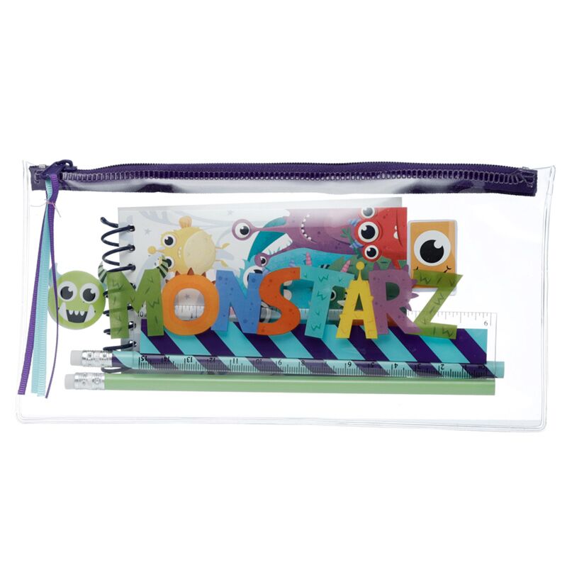 Load image into Gallery viewer, Monstarz monster 7-delig bureausetje in doorzichtig pennen etui
