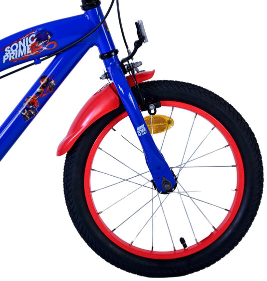 Sonic prime kinderfiets - jongens - 16 inch - blauw rood - twee handremmen
