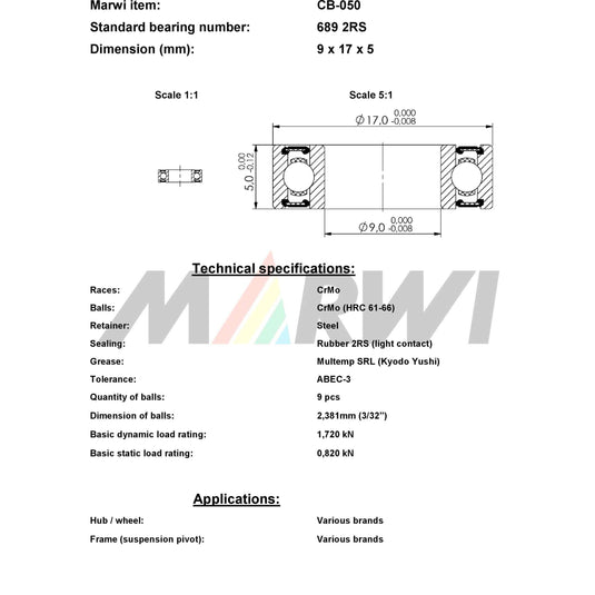 Marwi union kogellager ball bearing union cb-050 9x17x5