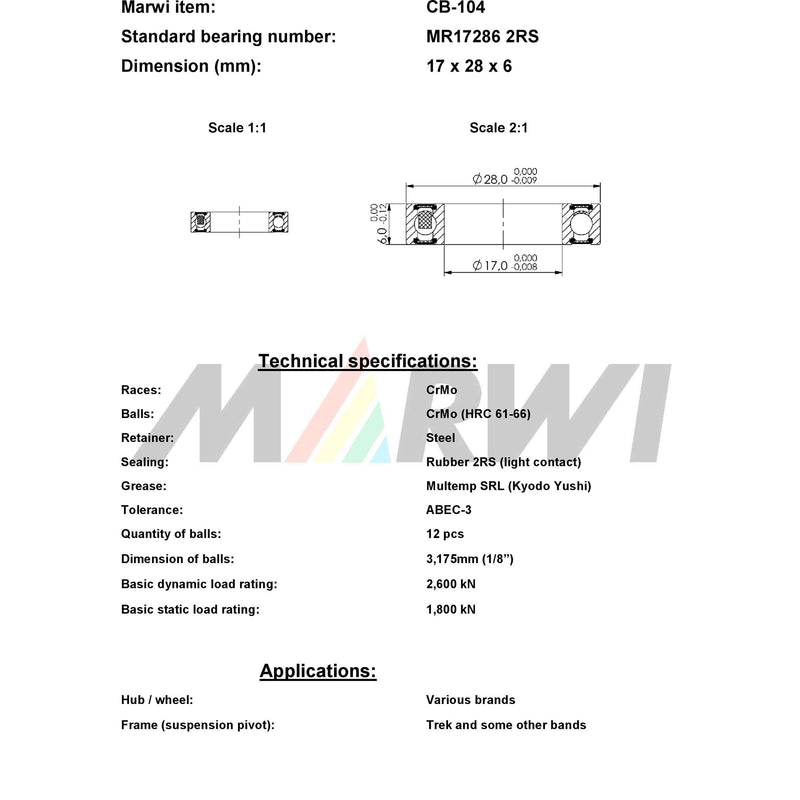 Load image into Gallery viewer, Marwi union kogellager cb-104 mr17286 2rs 17x28x6

