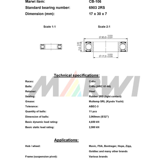 Marwi union kogellager ball bearing union cb-106 17x30x7