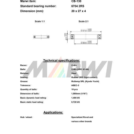 Marwi union kogellager cb-130 6704 2rs 20x27x4