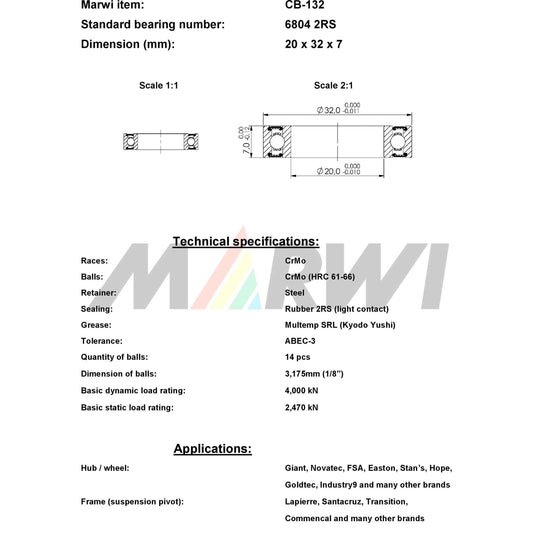Marwi union kogellager ball bearing union cb-132 20x32x7