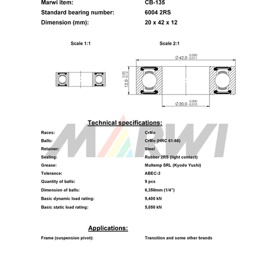 Marwi union kogellager ball bearing union cb-135 20x42x12