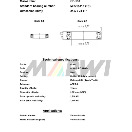 Union kogellager ball bearing cb-138 21,5x31x7
