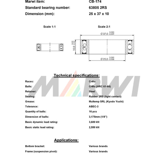 Marwi union kogellager cb-174 63805 2rs 25x37x10