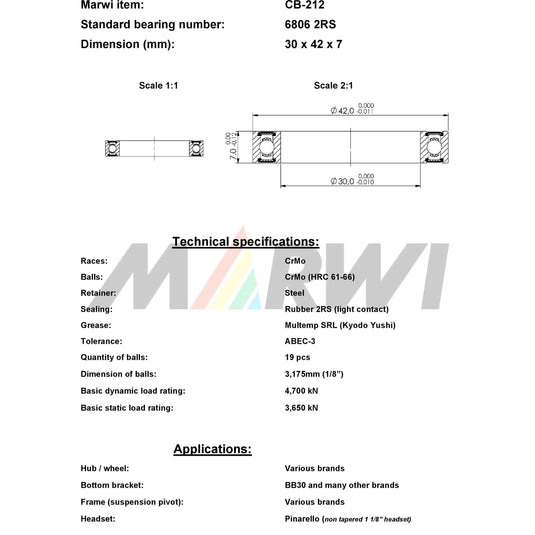 Union kogellager ball bearing cb-212 30x42x7