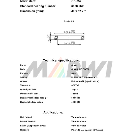 Union kogellager ball bearing cb-252 40x52x7