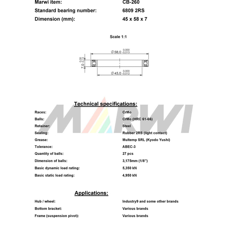 Load image into Gallery viewer, Marwi union kogellager cb-260 6809 2rs 45x58x7
