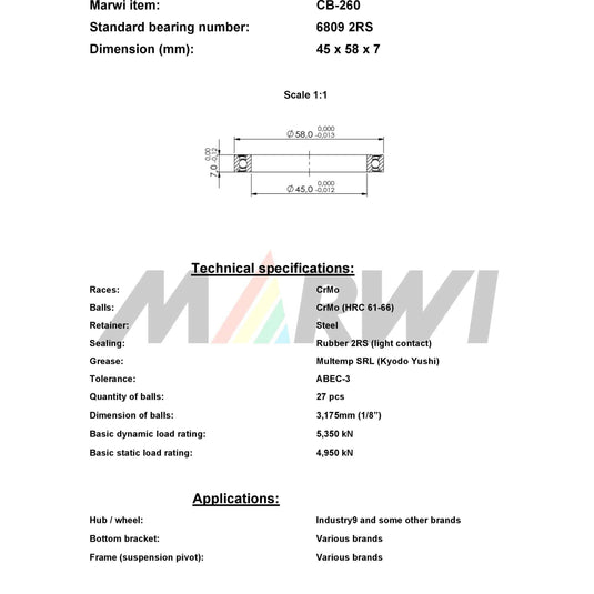 Marwi union kogellager cb-260 6809 2rs 45x58x7