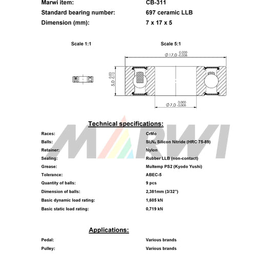 Union kogellager cb-311 697 llb 7x17x5 keramisch
