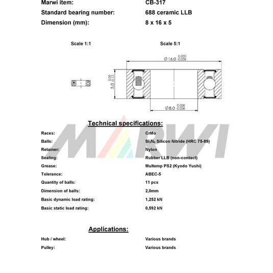 Union kogellager cb-317 688 llb 8x16x5 keramisch