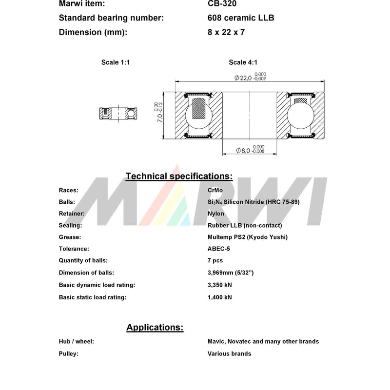Load image into Gallery viewer, Marwi union kogellager cb-320 608 llb 8x22x7 keramisch

