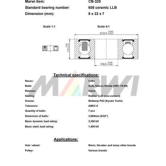Marwi union kogellager cb-320 608 llb 8x22x7 keramisch