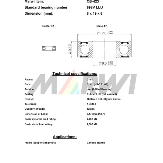Union kogellager ball bearing cb-423 8x19x6