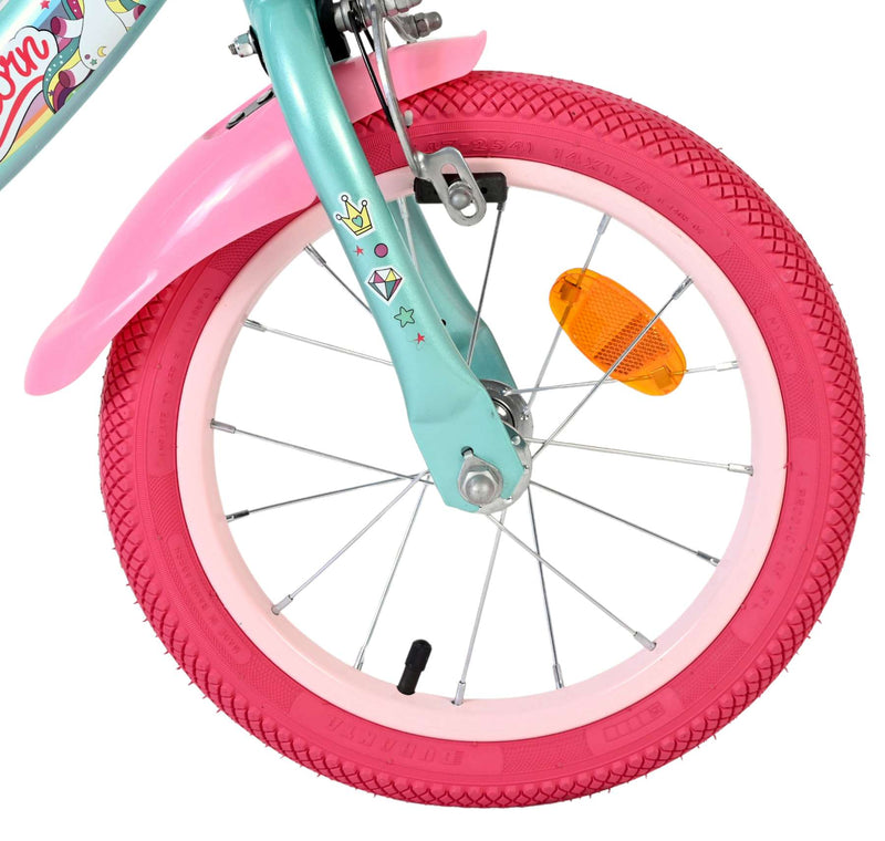 Load image into Gallery viewer, Volare unicorn kinderfiets - meisjes - 14 inch - groen - twee handremmen
