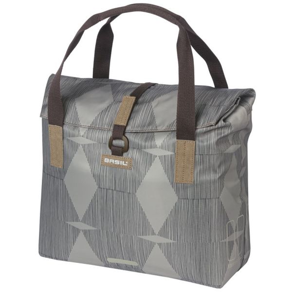Afbeelding laden in galerijviewer, Basil Elegance fietsshopper, Green PET, waterkerende vouwsluiting, gepolsterde hand schouderbanden, 20-26L, taupe
