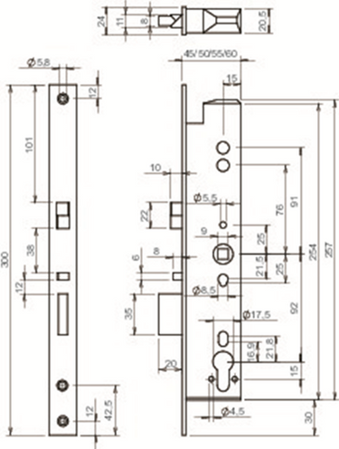 Abloy el260 paniekdeurslot | signalering | zelfvergrendelend | dm40mm | pc92mm | voorplaat rvs 24x300mm rechthoekig | dr 1+2+3+4 - 10013784