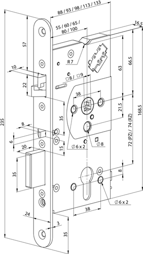 Load image into Gallery viewer, Abloy el560 veiligheidspaniekdeurslot | enkelzijdig krukgestuurd | zelfvergrendelend | skg** | dm80mm | pc72mm | voorplaat rvs 24x235mm afgerond | 12 24v dc | dr 1+2+3+4 - 10013887
