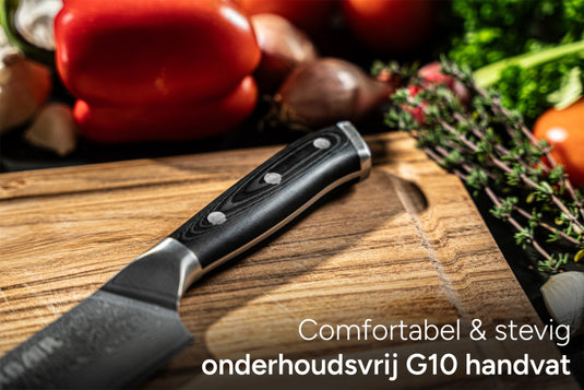 Arbaer koksmes 18 cm japans santoku lemmet damascus staal g10 handvat