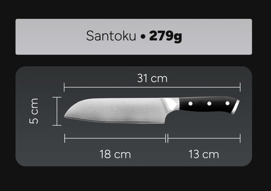 Arbaer koksmes 18 cm japans santoku lemmet damascus staal g10 handvat
