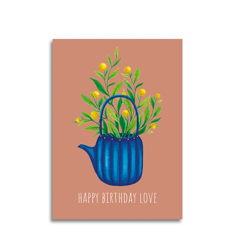 Afbeelding laden in galerijviewer, Art by andu wenskaart terracotta tea pot blue stripes
