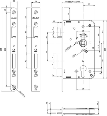 Assa abloy 2420 deurslot | dm65mm | pc72mm | krukgat 8mm | voorplaat rvs 24x235mm rechthoekig | dr 1+3 2+4 - 7262018