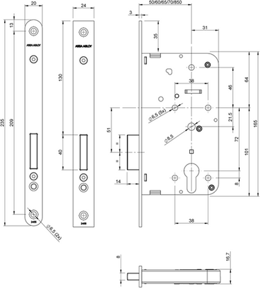 Assa abloy 2455 kastslot | dm50mm | pc | voorplaat staal gelakt 24x235mm rechthoekig | dr 1+2+3+4 - 7962019