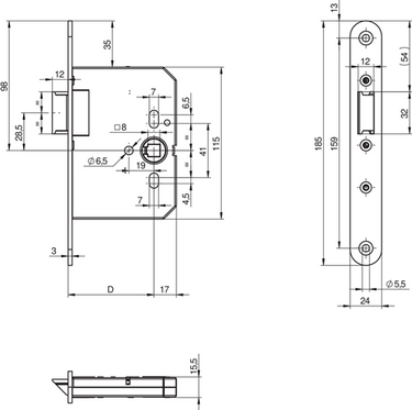 Assa abloy n1002 loopslot | dm65mm | krukgat 8mm | voorplaat rvs 24x185mm afgerond | zamac vernikkelde dagschoot | dr 1+3 2+4 - 10049500
