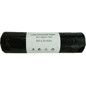 Afvalzak 60l grijs 20 stuks op rol 60x80cm dikte 50mu