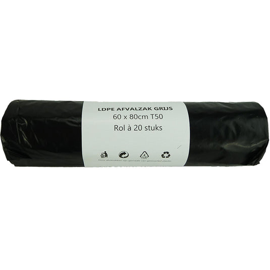 Afvalzak 60l grijs 20 stuks op rol 60x80cm dikte 50mu
