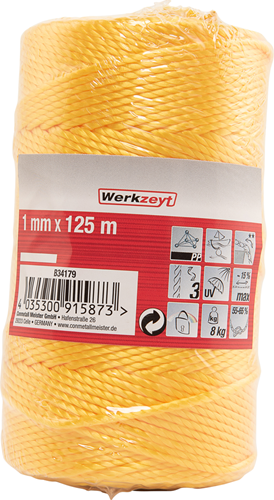 Load image into Gallery viewer, Werkzeyt pp touw 1mm 8kg geel bobijn 125m - b34179
