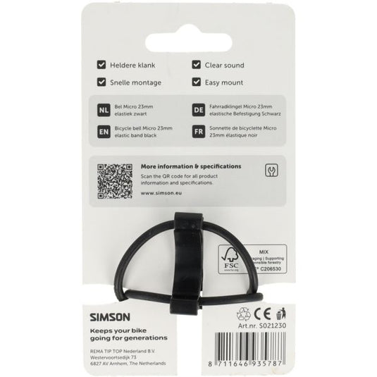 Rema tip top nederland b.v. simson fietsbel micro 23mm rubber elastiek bevestiging zwart