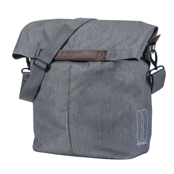 Load image into Gallery viewer, Basil City Shopper - fietsshopper, grijs melee, 14-16L, vegan leder, waterkerende vouwsluiting, reflectie
