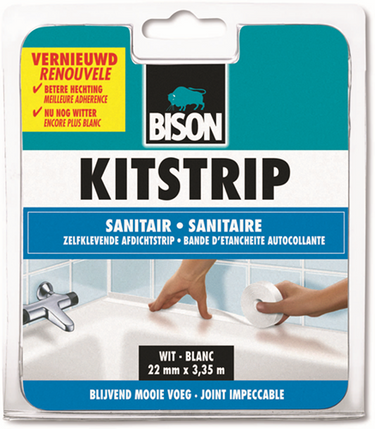 Bison kitstrip sanitair wit 22 mm x 3.35 m, zelfklevend, afdichtstrip, waterdicht, voor allerlei voegen, douchebak, aanrecht, spoelbak, vloer en tegels