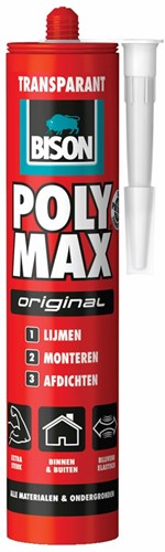 Bison poly max original transparant koker 300 gram, montagelijm, lijmen, monteren en afdichten, smp technologie, oplosmiddelvrij, transparant, binnen en buiten, vrijwel alle ondergronden
