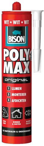 Bison poly max original wit koker 425g, montagelijm, lijmen, monteren en afdichten,unieke smp technologie, oplosmiddelvrij, binnen en buiten, vrijwel alle ondergronden