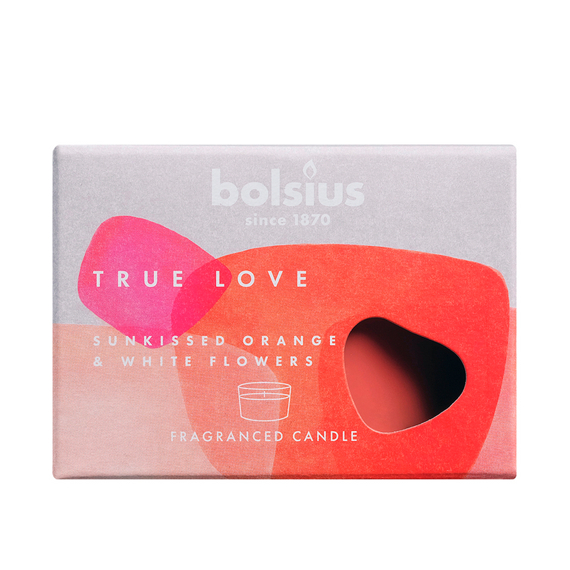 Afbeelding laden in galerijviewer, Bolsius geurglas true love sunkiss orange white flowers 63 90mm
