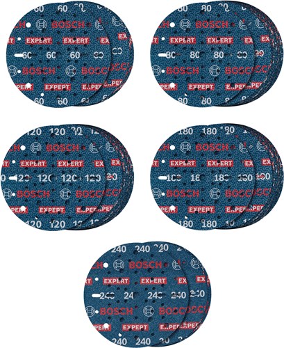 Afbeelding laden in galerijviewer, Bosch accessoires expert 55-delige set schuurschijf o780 met film onderlaag, 150 mm, 5xg60; 15xg80; 15xg120; 15xg180; 5xg240 - 2608902470

