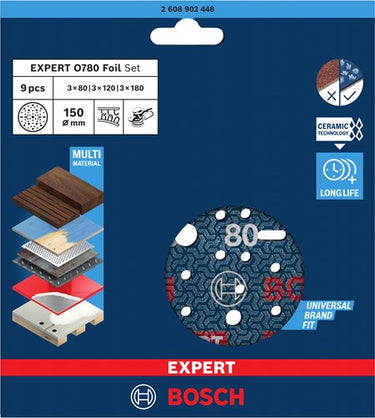 Bosch accessoires expert 9-delige set schuurschijf o780 met film onderlaag, 150 mm, 3xg80; 3xg120; 3xg180 - 2608902448