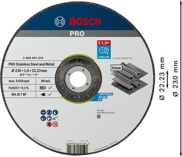 Bosch accessoires pro stainless steel and metal bonded cutting disc | 230 x 1.9 x 22.23 mm | with depressed centre - 2608601514