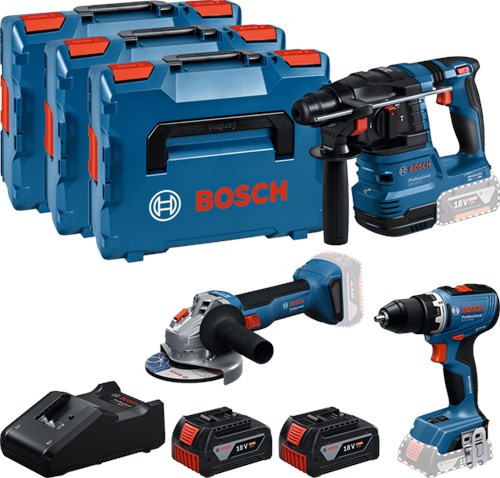 Afbeelding laden in galerijviewer, Bosch blauw accutoolkit 3 toolkit 18v (2x gba 18v 5.0ah, lader gal 18v-40, gsr 18v-65, gbh 18v-22, gws 18v-8) - 0615a5009g
