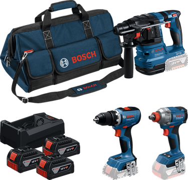 Bosch blauw bosch professional 18v toolkit - gereedschap combiset - gsr 18v-65 + gdx 18v-285 + gbh 18v-22 + 3x gba 5.0ah 18v accu + gal 12v-18v-80