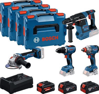 Bosch professional 4-toolkit 18v - gereedschap combiset - gsr 18v-65 - gbh 18v-26 - gws 18v-11 - gdx 18v-285 - gba 18v 5.0 ah - exba 18v 5.5 ah - gal 12v 18v-80 lader